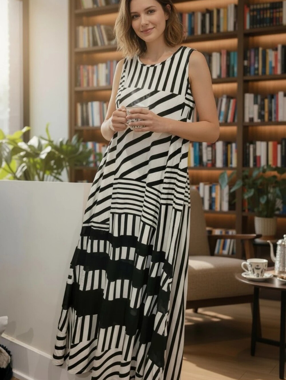 Peter Son Sleeveless Scoop Neck Black & White Maxi Summer Dress L